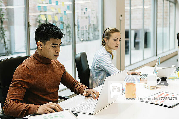 Männlicher Unternehmer  der mit einem Kollegen im Büro am Laptop arbeitet