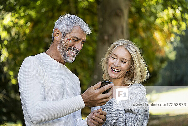 Glückliches reifes Paar benutzt Smartphone im Hinterhof