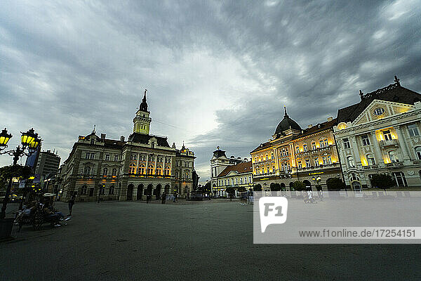 Low angle view of Town Hall in Freedom Square at dusk in Novi Sad city