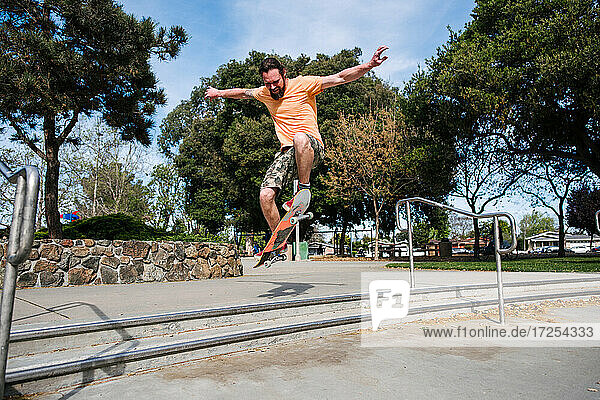 USA  California  San Francisco  Man skateboarding at skate park