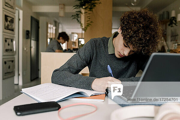 Teenager-Junge mit braunen lockigen Haaren macht Hausaufgaben beim Sitzen am Tisch