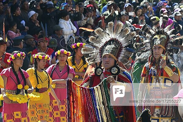 Inti Raymi  festival of the sun  Inca priest with feather crown during parade  Cusco  Peru  South America