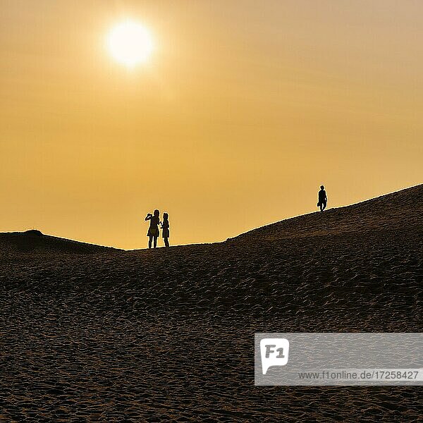 Drei Personen auf Düne  zwei Frauen machen Selfie  Mann geht  Silhouetten bei Sonnenuntergang  Nordjylland  Nordjütland  Dänemark  Europa