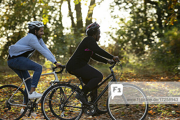 Freunde fahren Fahrräder durch Herbstblätter im Park