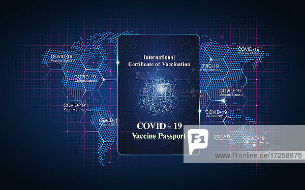 Digital erzeugtes Bild Covid-Pass über blauer Karte