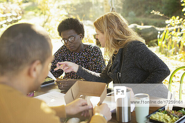 Geschäftsfrauen  die Papierkram besprechen und am Tisch im Park zu Mittag essen