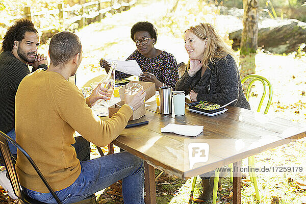 Geschäftsleute treffen und essen Mittagessen am Tisch im Park