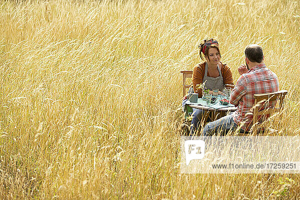 Paar genießt Obst am Tisch in sonnigen Sommer Feld von hohem Gras