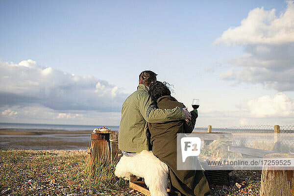 Affectionate couple hugging and drinking wine on sunny winter beach