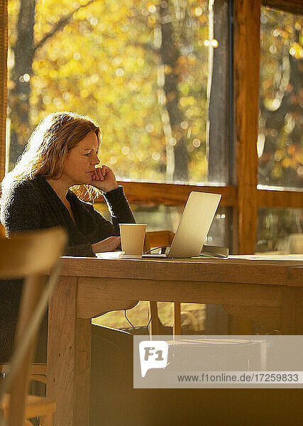 Geschäftsfrau arbeitet am Laptop in einem sonnigen Cafe