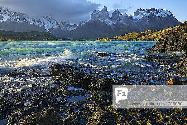 Lake Pehoe and Los Cuernos del Paine  Torres del Paine National Park  Ultima Esperanza Province  Magallanes and Chilean Antactica Region  Patagonia  Chile  South America