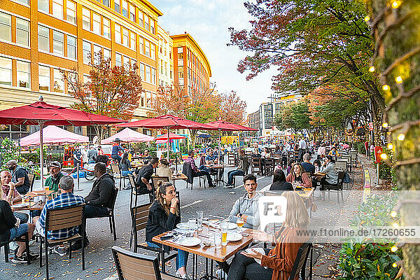 Pandemic outdoor dining in the streets of Bethesda  Maryland  United States of America  North America