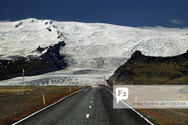 Ring road  N1  asphalt road  glacier tongue  glacier  glacier ice  Vatnajökull  south coast  Iceland  Europe