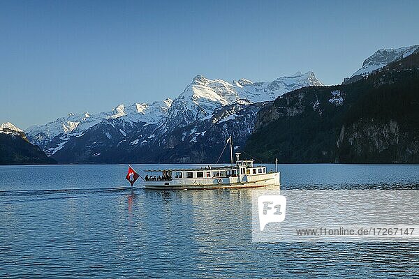 View from Brunnen on a boat on the Lake of Uri in front of the mountain scenery of the Alps of Uri  Switzerland  Europe