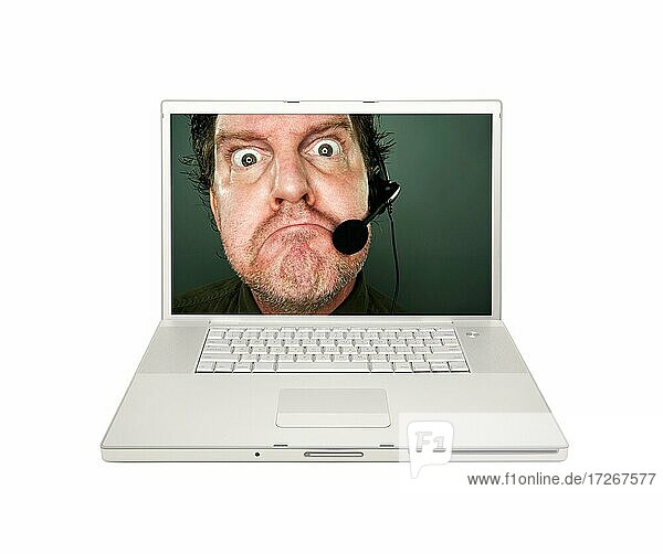 Grumpy Kundenservice Mann auf Laptop-Bildschirm vor einem weißen Hintergrund