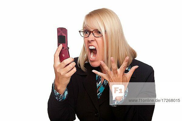 Angry woman yells at cell phone isolated on a white background