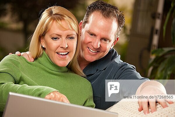 Handsome happy couple using their laptop together