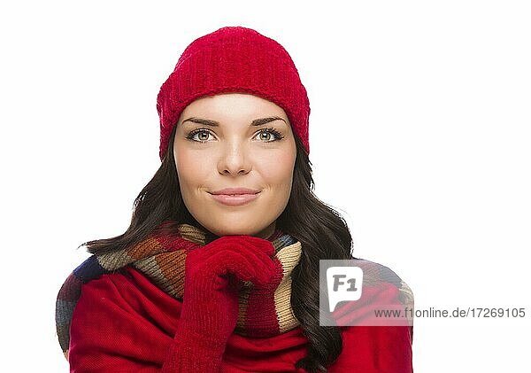 Happy mixed-race woman wearing winter hat and gloves isolated on white background