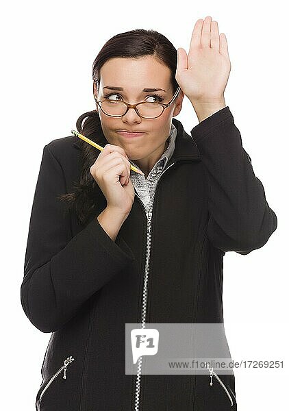 Timid mixed-race businesswoman with pencil raises her hand to ask a question isolated on a white background