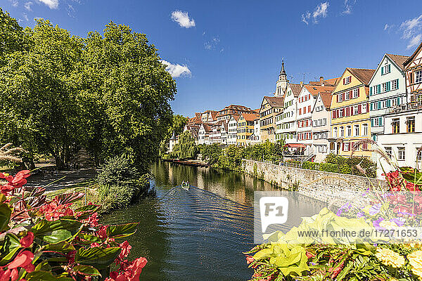 Germany  Baden-Wurttemberg  Tubingen  Neckar river canal with row of townhouses in background