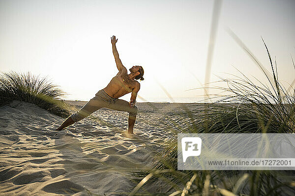 Shirtless junger Mann übt Dreieck Position Yoga am Strand gegen klaren Himmel während des Sonnenuntergangs
