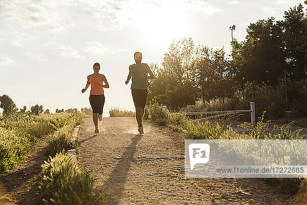 Aktives junges Paar joggt bei Sonnenuntergang im Park
