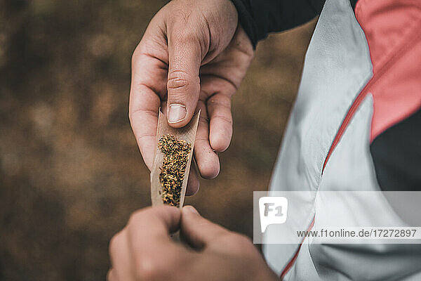 Hands of man rolling joint