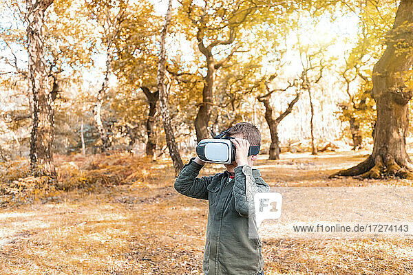 Junge trägt virtuellen Simulator  während er im Herbst im Park steht