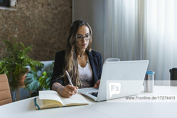 Kreative Geschäftsfrau  die im Büro einen Laptop benutzt und in ihr Tagebuch schreibt