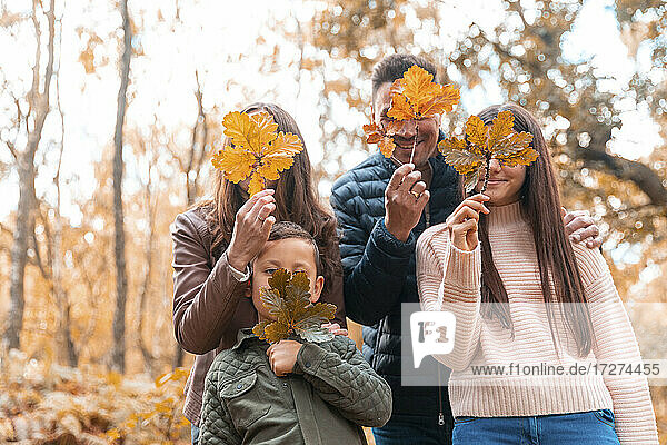 Familie  die ihr Gesicht mit trockenen Blättern bedeckt  im Herbst im Park stehend