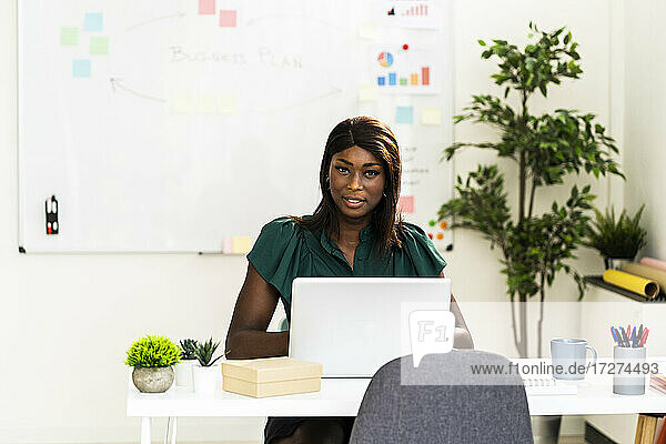 Geschäftsfrau  die einen Laptop benutzt  während sie am Schreibtisch im Büro sitzt