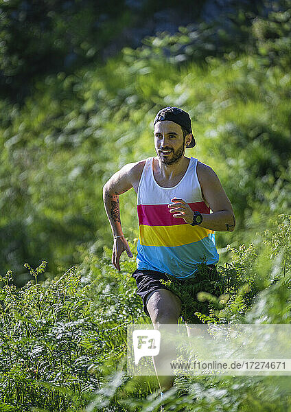 Sportler schaut weg  während er zwischen Gras auf einem Berg im Wald läuft