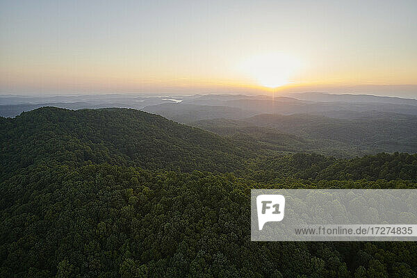 Aerial view of Appalachian forest at foggy sunrise