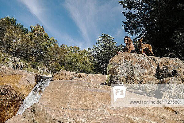 Wanderer mit Hund sitzt auf einem Felsen am Wasserfall im Wald bei La Pedriza  Madrid  Spanien