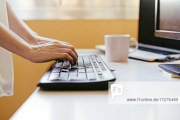 Hands of woman using computer keyboard while standing at home