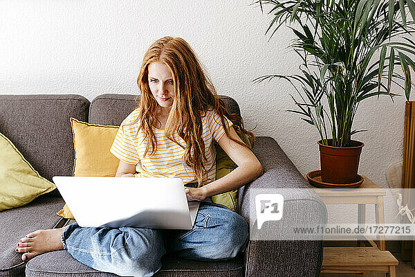 Junge Frau benutzt einen Laptop  während sie zu Hause auf dem Sofa sitzt