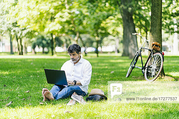 Mature man using laptop while sitting on grass in public park