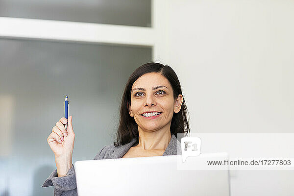 Geschäftsfrau mit Stift  die lächelnd einen Laptop zu Hause benutzt
