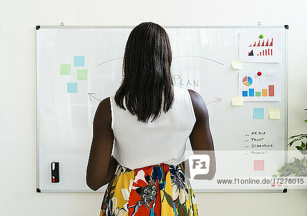 Geschäftsfrau  die eine Geschäftsstrategie entwickelt  während sie am Whiteboard im Büro steht