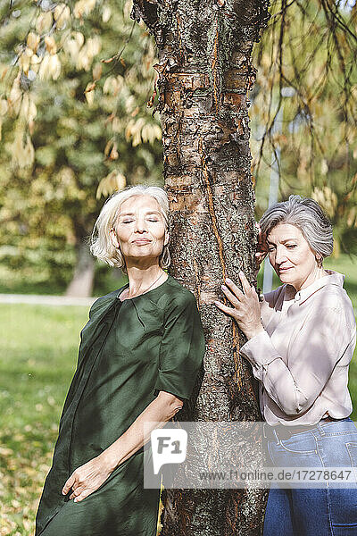 Friends leaning and embracing tree while standing at park