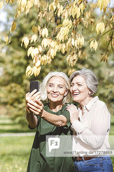 Reife Frau nimmt Selfie durch Handy mit Freund beim Stehen im Park in der Stadt