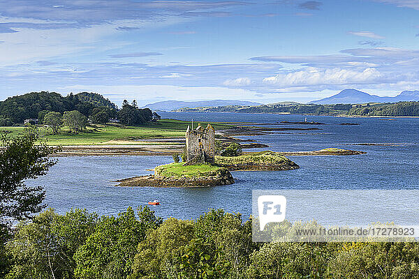 UK  Scotland  Aerial view of Castle Stalker and Loch Linnhe