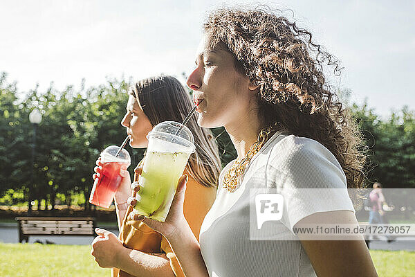 Freundinnen trinken frische Limonaden beim Spaziergang im Park an einem sonnigen Tag