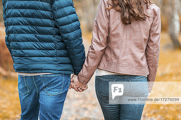 Romantisches Paar hält sich an den Händen  während es im Herbst seine Freizeit im Park verbringt