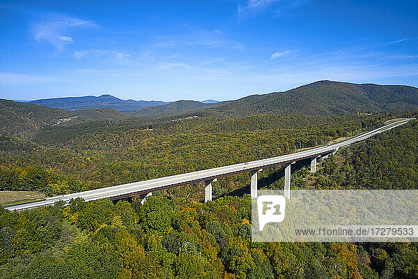 USA  West Virginia  Luftaufnahme der Clifford Hollow Bridge und des umliegenden Waldes im Herbst