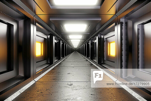 Dreidimensionales Rendering von geraden futuristischen Korridor innerhalb Raumschiff oder Raumstation
