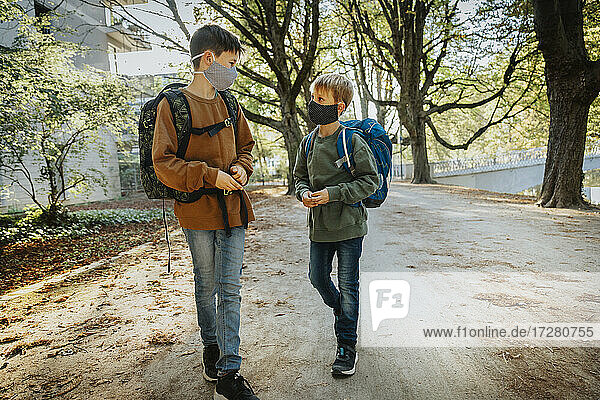 Brüder tragen Schutzmaske beim Spaziergang in einem öffentlichen Park