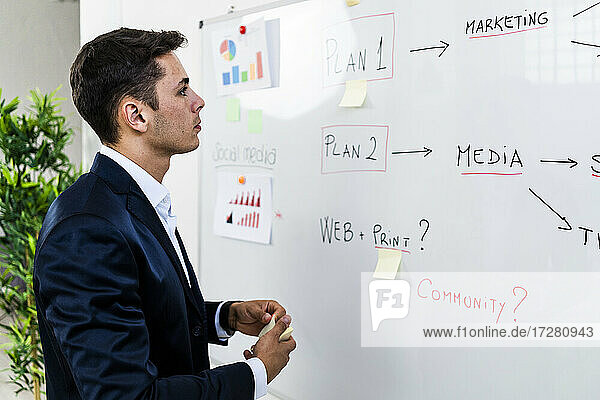 Männlicher Fachmann  der einen Geschäftsplan erstellt  während er eine Strategie auf einem Whiteboard am Arbeitsplatz betrachtet