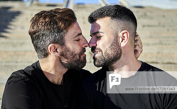 Romantisches homosexuelles Paar  das sich an einem sonnigen Tag im Freien küsst