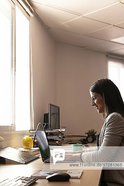 Lächelnde Unternehmerin mit Laptop am Schreibtisch im Büro